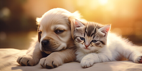 Fototapeta na wymiar A Tale of Peaceful Slumber Cute Kitten and Welsh Corgi Puppy Resting Side by Side Harmony in Sleep Small Cat and Dog Embrace Sweet Dreams Together Dreamland Chronicles Cozy Companionship generative AI