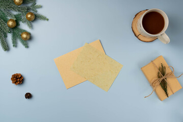 Flatlay envelop with blank of Christmas greeting card