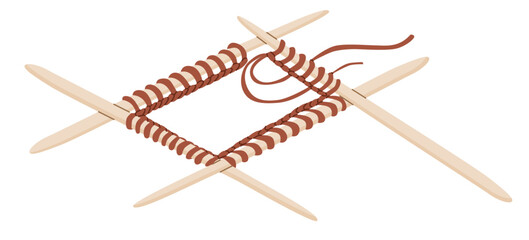 Four knitting needles with yarn. A set of loops for knitting a sock or glove. Vector illustration for home craft stores and postcard design. World Knitting Day in Public Places.