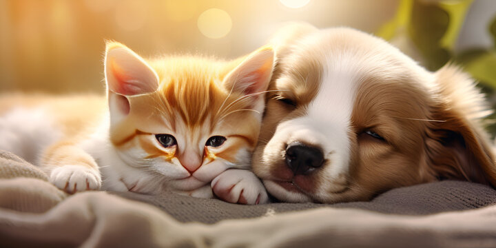 Paws and Dreams A Heartfelt Snapshot of a Welsh Corgi Puppy and Cute Kitten Sharing a Peaceful Nap with sleeping, Creating a Bond Beyond Words generative AI