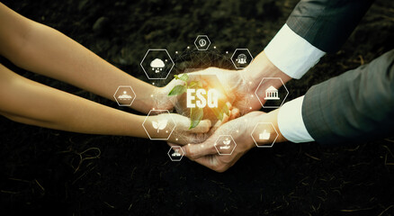 Businessman and little kid growing or nurturing plant together with eco friendly and ESG icon....