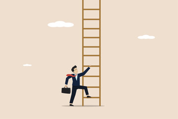 Challenge to climb the ladder of success, steps towards new career opportunities, determination to achieve goals concept, businessman's confidence to start climbing the ladder of success.