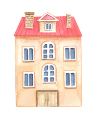 Hand drawn watercolor European city house. Hand drawn building facade isolated on white background