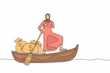 Single continuous line drawing Arab businesswoman standing in boat and sailing with money bag. Financial profit, successful management. Escape with money. One line graphic design vector illustration