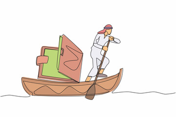 Single one line drawing Arab businessman sailing away on boat with wallet. Office worker with financial problem due to economic crisis. Lack of money. Continuous line draw design vector illustration