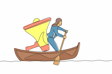 Single one line drawing businesswoman sailing away on boat with megaphone. Command leader, control through megaphone, leadership and teamwork. Continuous line draw design vector graphic illustration
