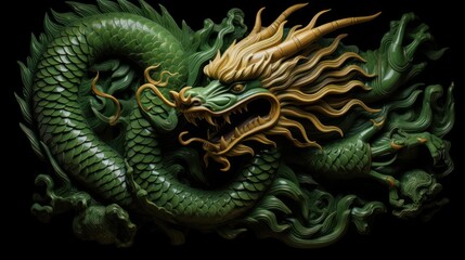 Fototapeta premium A Powerful green carved wooden dragon terrifying Chinese wood carving art Chinese New Year 2024 concept New Year greeting card background.