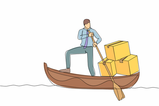 Single one line drawing of businessman standing in boat and sailing with pile of cardboard. Shipping through the ocean. Delivery and packaging. Continuous line draw design graphic vector illustration