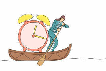 Single continuous line drawing businesswoman sailing away on boat with alarm clock. Time management in business project deadline. Success business concept. One line graphic design vector illustration