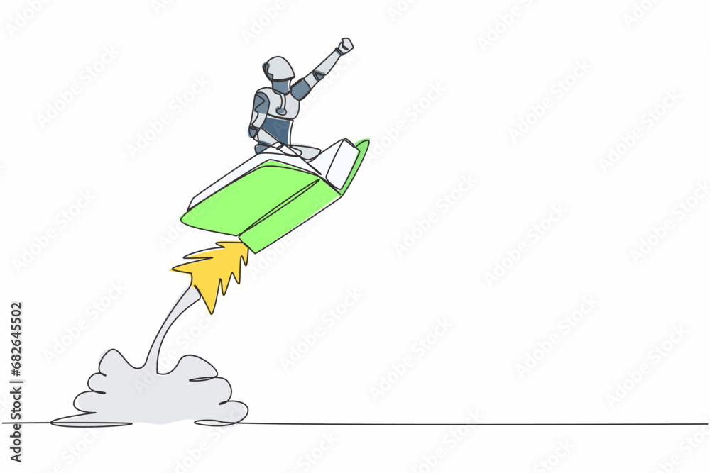 Poster single one line drawing robot riding book rocket flying in the sky. increase tech ability learning. 