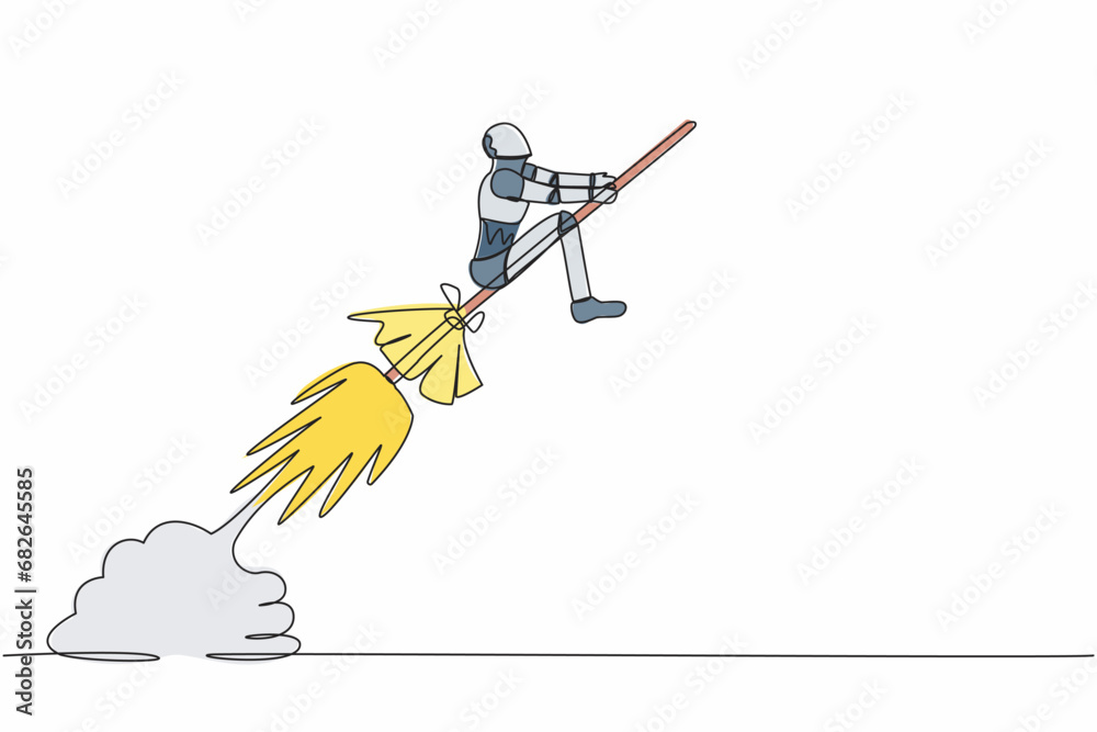 Poster continuous one line drawing robot riding broom rocket flying in the sky. tech company launch. humano