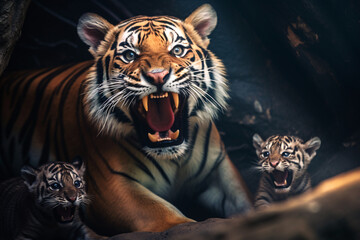 Tigress roar, mother tiger protecting tiger cubs in the jungle.