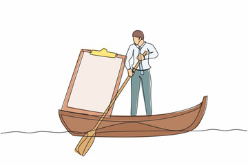 Fototapeta premium Single continuous line drawing businessman standing in boat, sailing with clipboard. Office worker escape from deadline checklist board. Productivity problem. One line draw design vector illustration