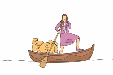 Single one line drawing of businesswoman sailing away on boat with money bag. Office worker escape with money. Financial success and profit concept. Continuous line design graphic vector illustration