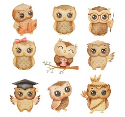Cute owl in graduation cap and reading book, on tree. Wise watercolor owl cartoon character set isolated on white. Funny baby owl collection