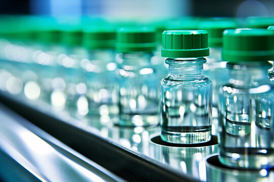 Vials of liquid medication in production line, pharmaceutical manufacturing, medicine and vaccine concept, close up shot.