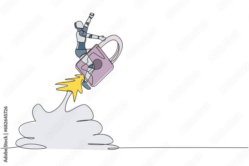 Poster single one line drawing robot riding padlock rocket flying in sky. improve tech business security. r