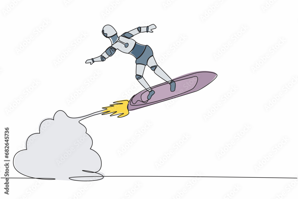 Poster single continuous line drawing robot riding surfing board rocket flying in the sky. future technolog