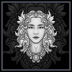 Monochrome Aphrodite head mandala arts isolated on black background