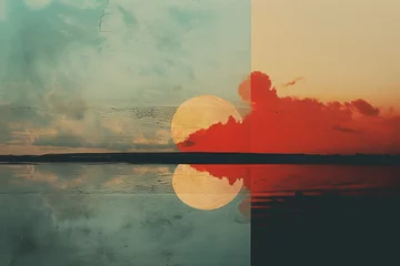 Wandaufkleber Landscape and nature concept. Surreal landscape collage illustration with red sun, forest, trees, mountains and water. Abstract and surreal style. Grunge, halftone and glitch pattern combination © Rytis