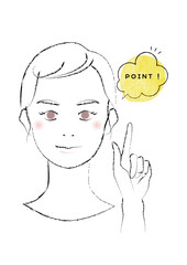 美容イメージ　手を添えてポイントを説明する女性の正面顔イラスト
