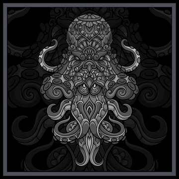 Monochrome Octopus kraken mandala arts isolated on black background