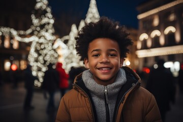 A smiling mixed race black teen standing child in the city square