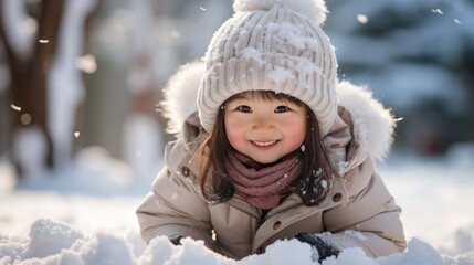 Obraz premium Young Asian girl wearing a hat and coat is kneeling and playing in the snow.