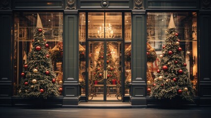 Christmas tree in a shop entrance - obrazy, fototapety, plakaty