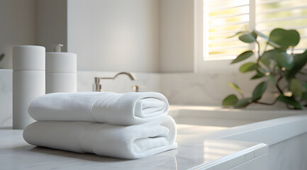   white towels on marble counter in bathroom ai generative