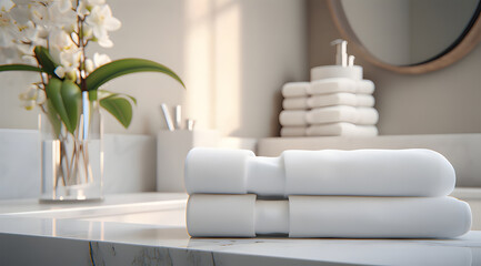   white towels on marble counter in bathroom ai generative