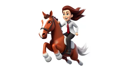 Rolgordijnen business man riding horse 3d cartoon on a white background © Sagar