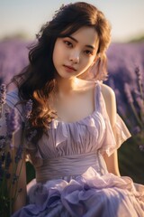 Fototapeta premium Portrait of beautiful japanese women wearing organza dress in the lavender
