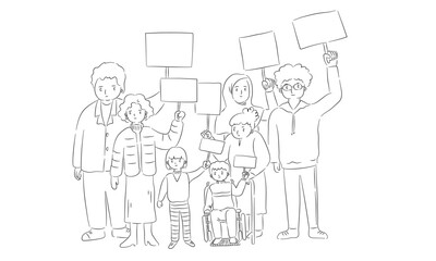 Hand drawn sketch of campaigner diverse people with hand holding a blank sign in vector Ink outline Stroke.