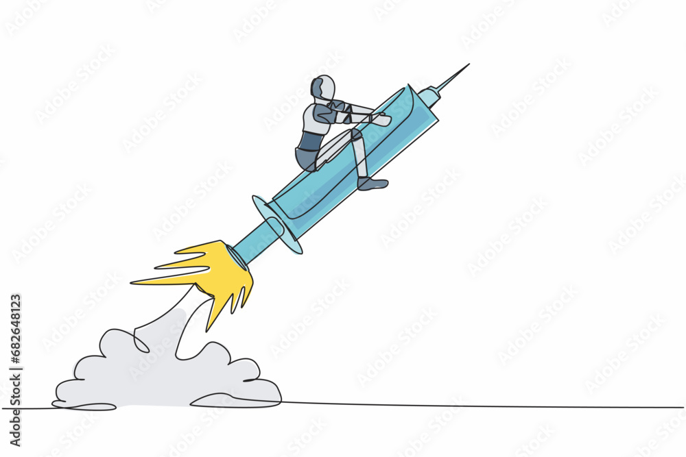 Poster continuous one line drawing robot riding syringe rocket flying in the sky. boosting health with tech