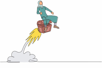 Single continuous line drawing Arab businesswoman riding treasure chest rocket flying in the sky. Searching hidden chest with gold, jewels with metal detector. One line draw design vector illustration