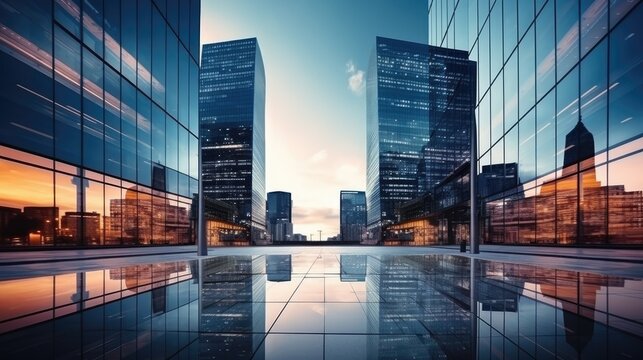 Modern office building with blue sky, and glass facades. Economy, finances, business activity concept