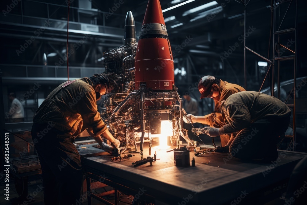 Poster rocket engineers building a rocket in an aerospace factory close-up