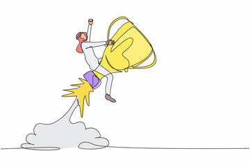 Single continuous line drawing competitive Arab businessman riding trophy rocket flying in the sky. Improve business ability to win competition. Achievement goals. One line design vector illustration