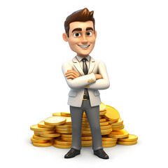 business man with gold coin 3d cartoon on a white background