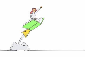 Single continuous line drawing Arabian businessman riding book rocket flying in the sky. Increase interest in reading smart students. Bookstore, education. One line graphic design vector illustration