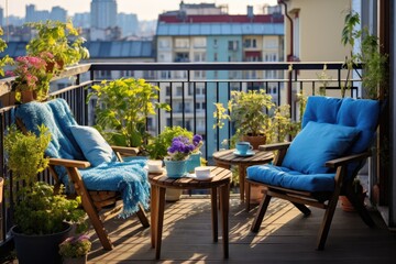 Beautiful balcony with comfortable chairs, wooden table and many potted flowers plants. Generative AI