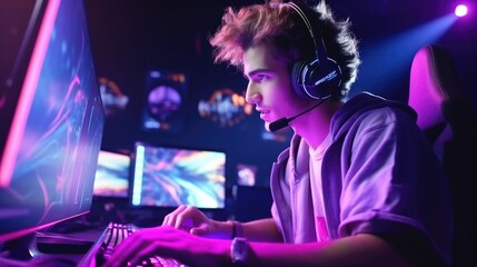 Fototapeta na wymiar ro gamer streamer wearing headphones and eyeglasses playing online computer game in his neon lights game studio