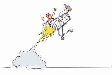 Continuous one line drawing happy Arab businessman riding shopping trolley rocket flying in the sky. Concept of supermarket, spare time, leisure, vacation. Single line draw design vector illustration