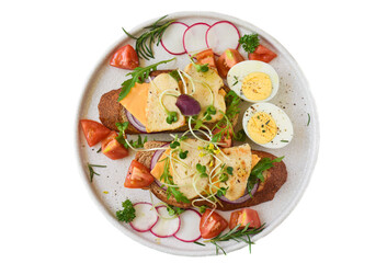 toast with chicken breast, onion and vegetables on a white plate close up