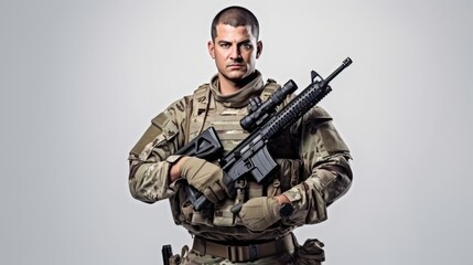 Fototapeta premium Portrait of army soldier carrying rifle standing