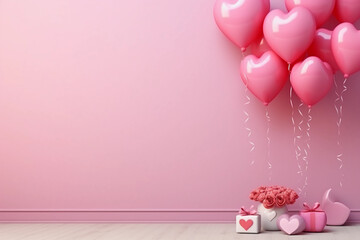 Pink wall mock up with copy space decorated in Valentine's day style with pink heart baloons and flowers