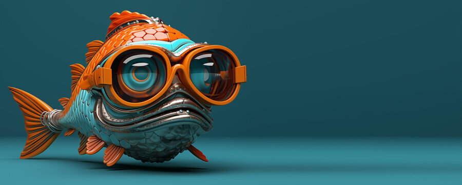 3d rendered image with fish's head and large orange glasses