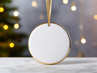 White flat ornament mock up. Plain white flat circle ceramic christmas ornament with a gold string, on christmas tree background