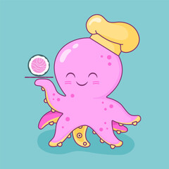 Cute pink octopus with sushi rolls icon